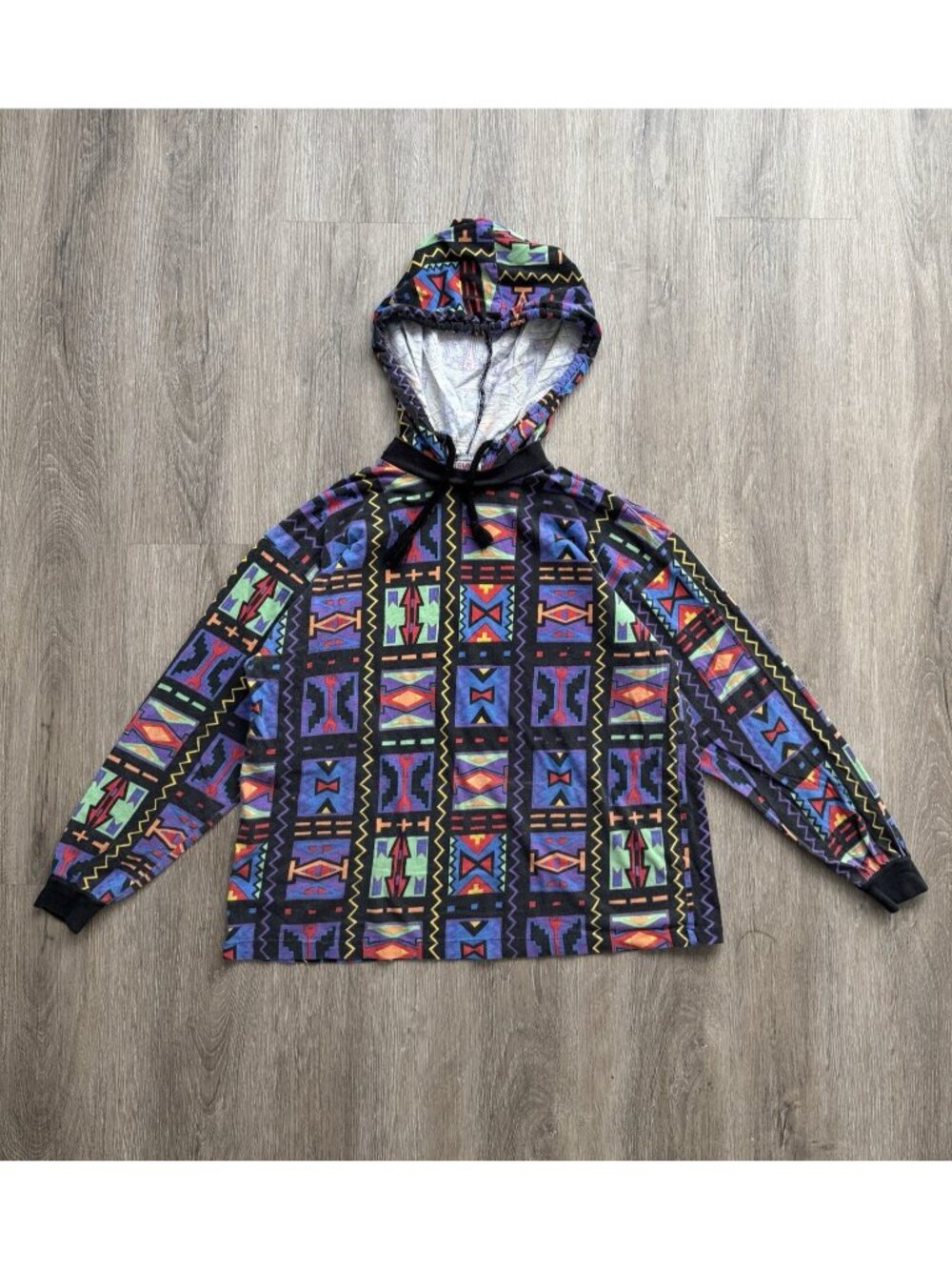Rare Vintage Y2K Clock House Hoodie Multicolor Pattern Aztec Tribal Art Designer